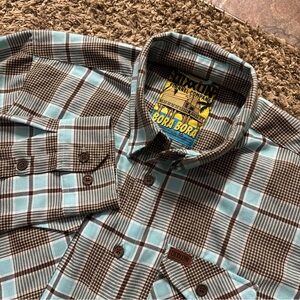 Dixxon Men's Long Sleeve Flannel Button-Up Bora Bora XL Aqua And Brown